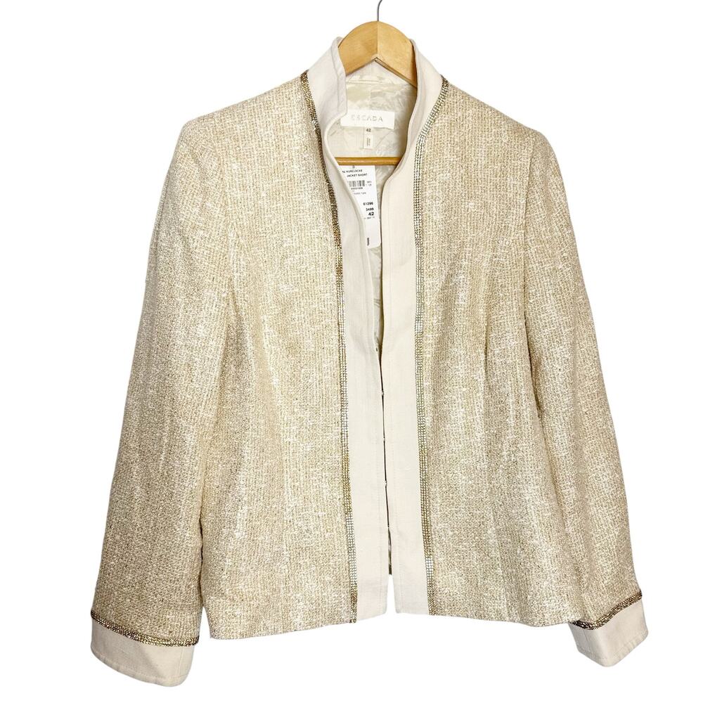 Escada Ivory Gold Crystal Embellished Tweed and Linen Jacket Size Large